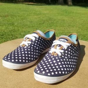 Keds lace up Navy Polka dot with Leather trim
